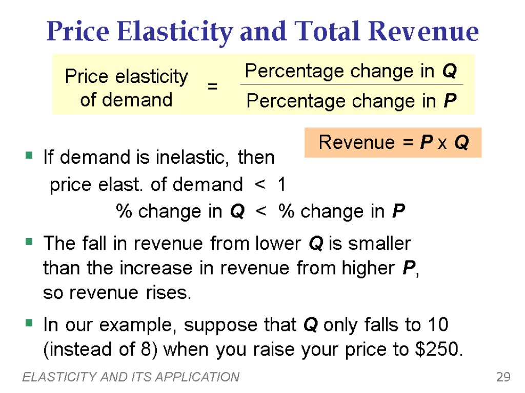 ELASTICITY AND ITS APPLICATION 29 Price Elasticity and Total Revenue If demand is inelastic,